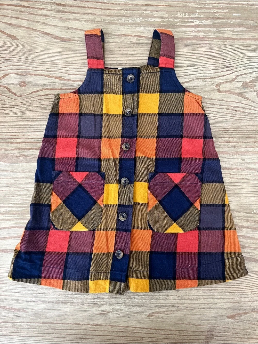 Hanna Andersson Kids Plaid Button-Front Jumper Dress in Navy, Red & Yellow